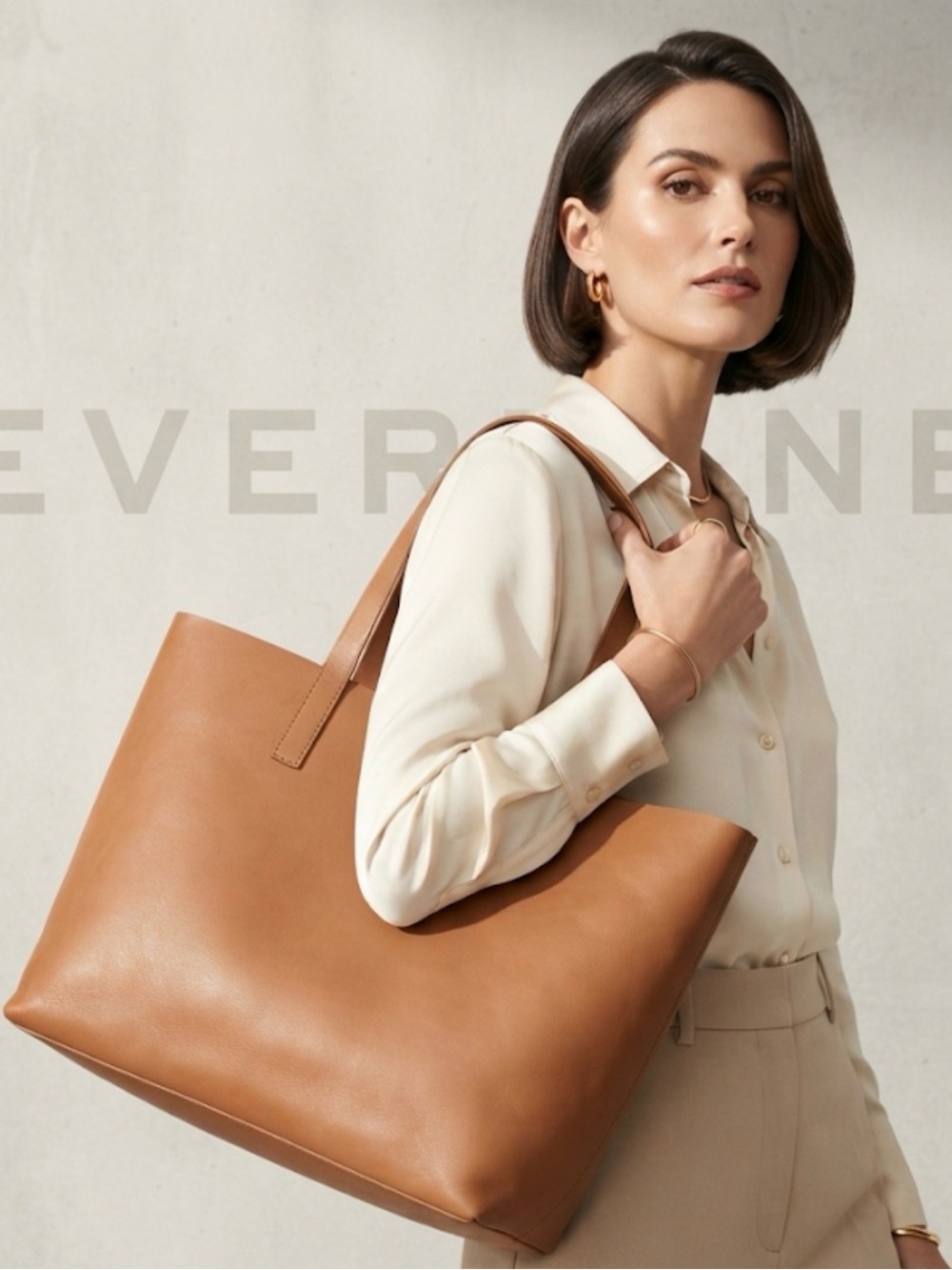 Authentic Everlane signature designer large cognac leather tote bag purse